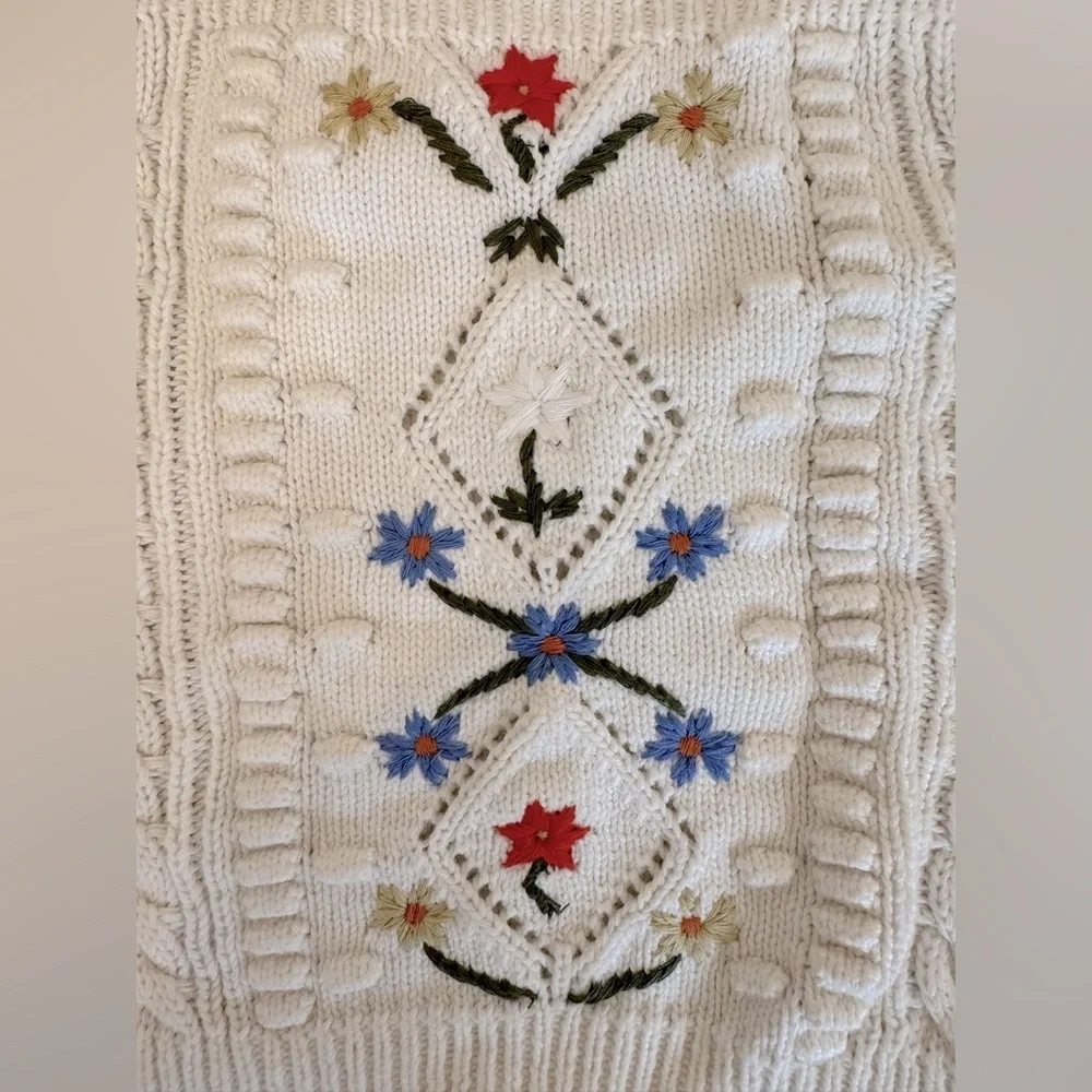 White Knit Tank Crop with Floral Embroidery - Picture 3 of 5